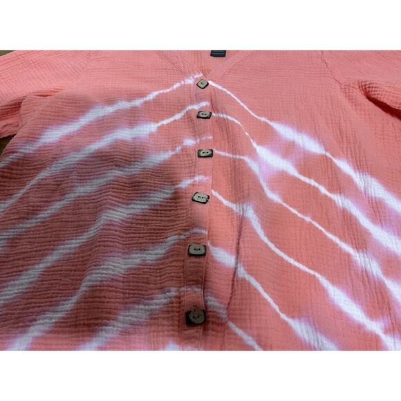 Ali Miles Shrimp Peach/White TIE DYE STRIPE Tunic Blouse Top 100% COTTON 1X - Picture 6 of 10
